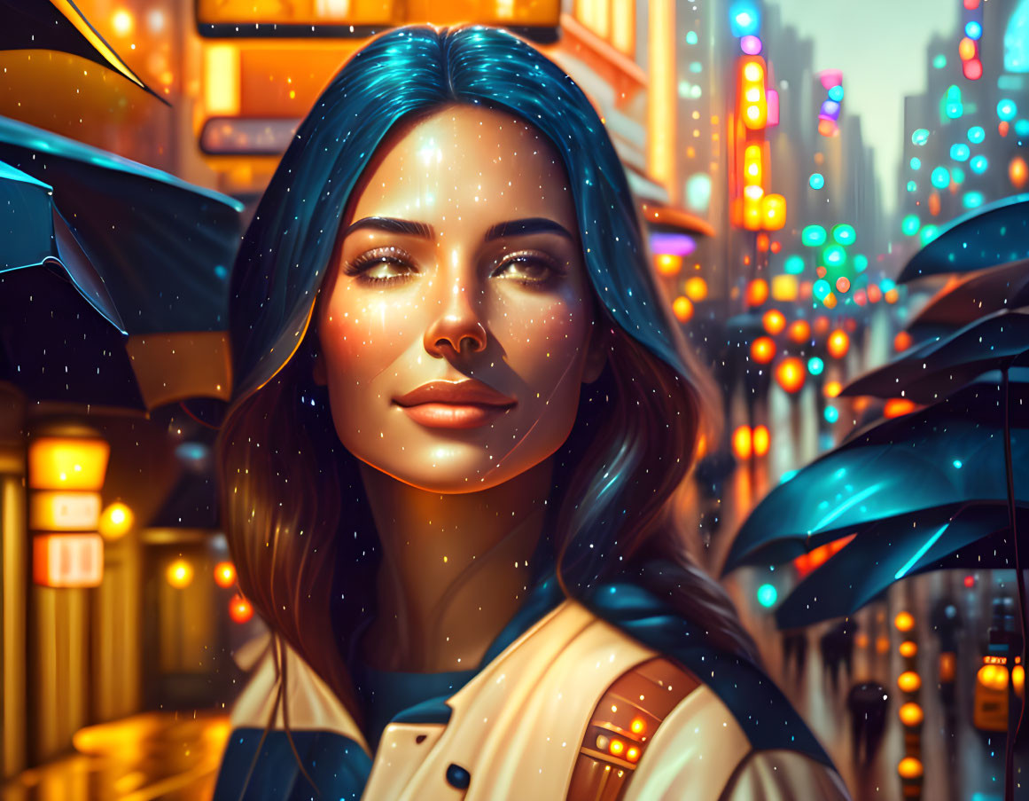 Woman with Sparkling Skin Under Glowing Umbrella in Neon-Lit Rainy City