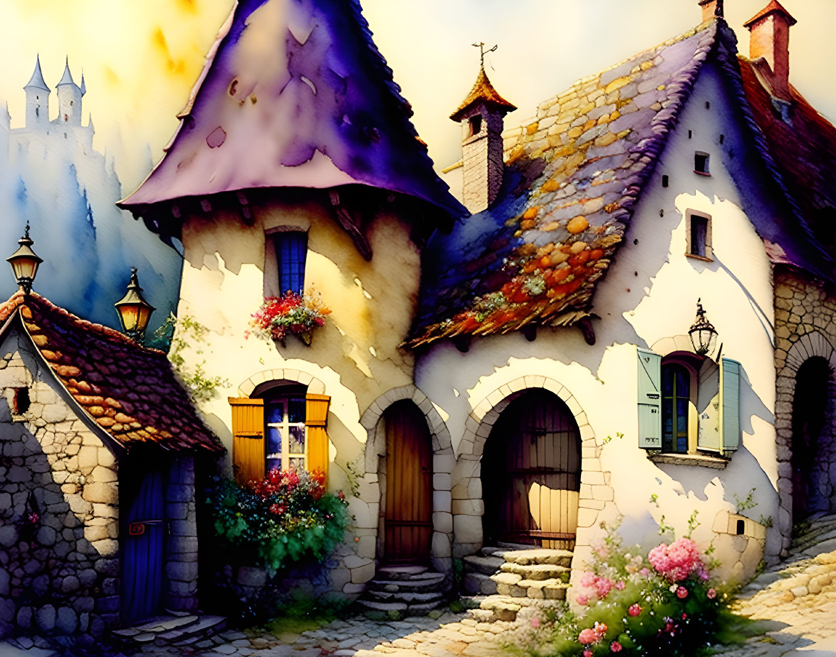 Vibrant village scene with colorful houses, flowers, and distant castle