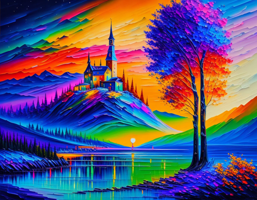 Colorful landscape with church on hill, rainbow skies, multicolored trees, serene lake