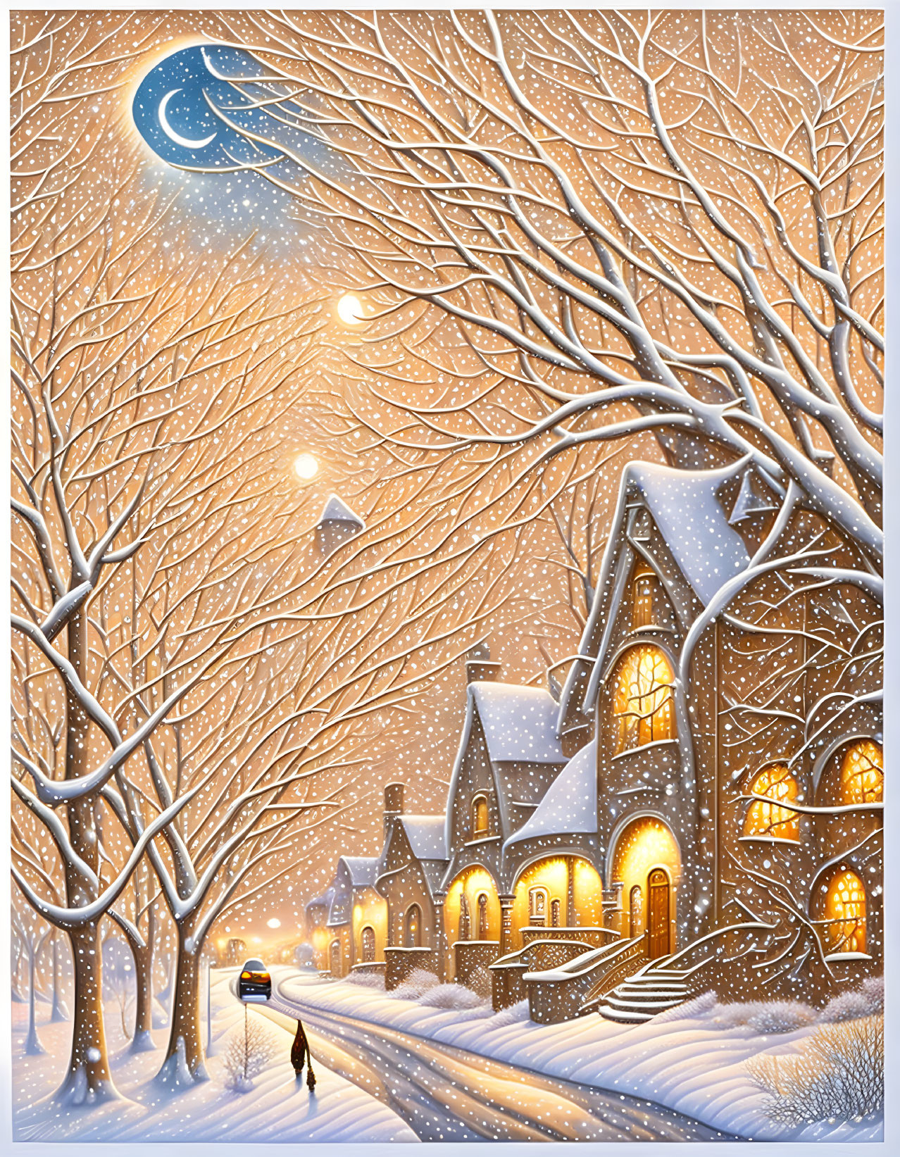 Snowy Crescent Moon Night: Cozy Houses, Leafless Trees, Lone Figure