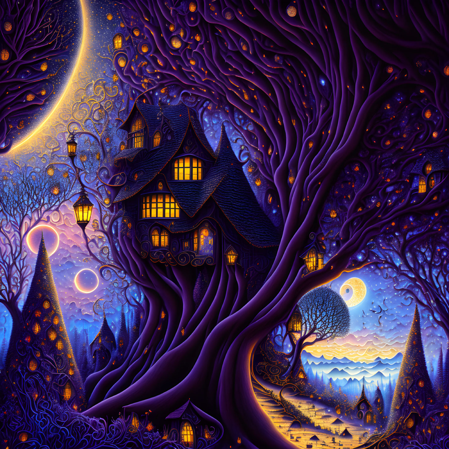 Violet-toned whimsical illustration of towering tree and enchanting cottage