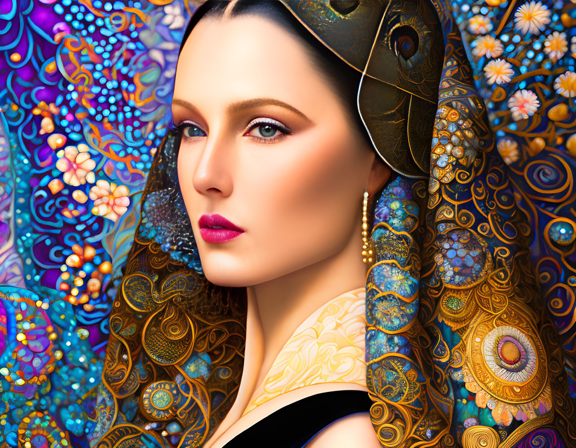 Colorful digital illustration of a woman in decorative helmet with floral designs