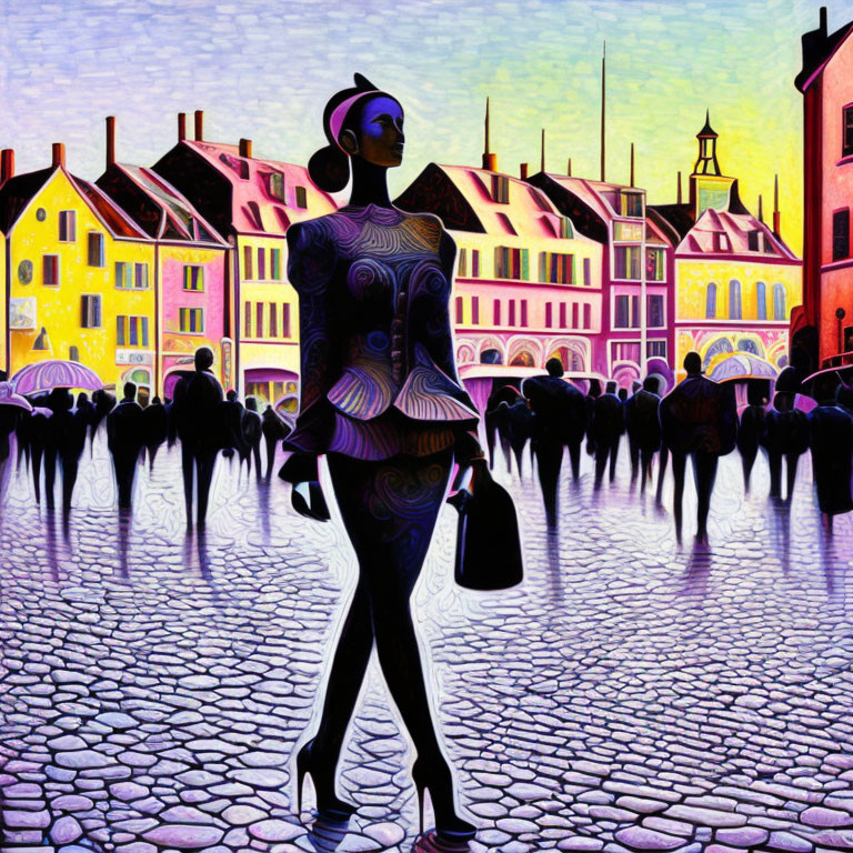 Colorful cubist cityscape with woman in headphones