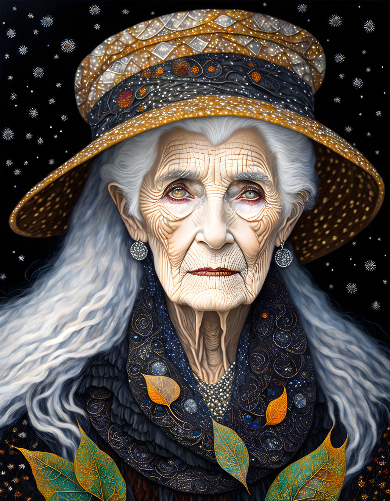 Elderly Woman with Striking Eyes and Long White Hair in Dark Garments on Starry Background