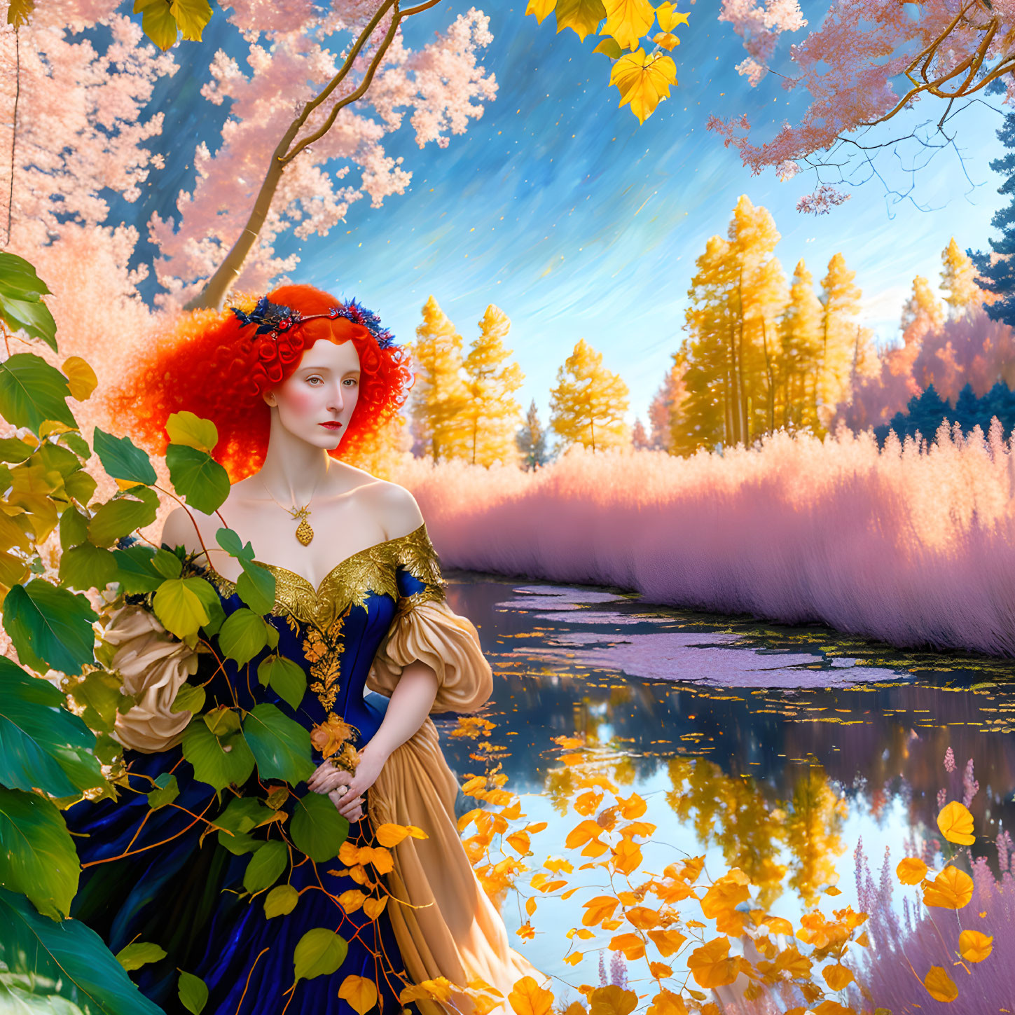 Red-haired woman in gold and blue gown by autumn lake and colorful trees