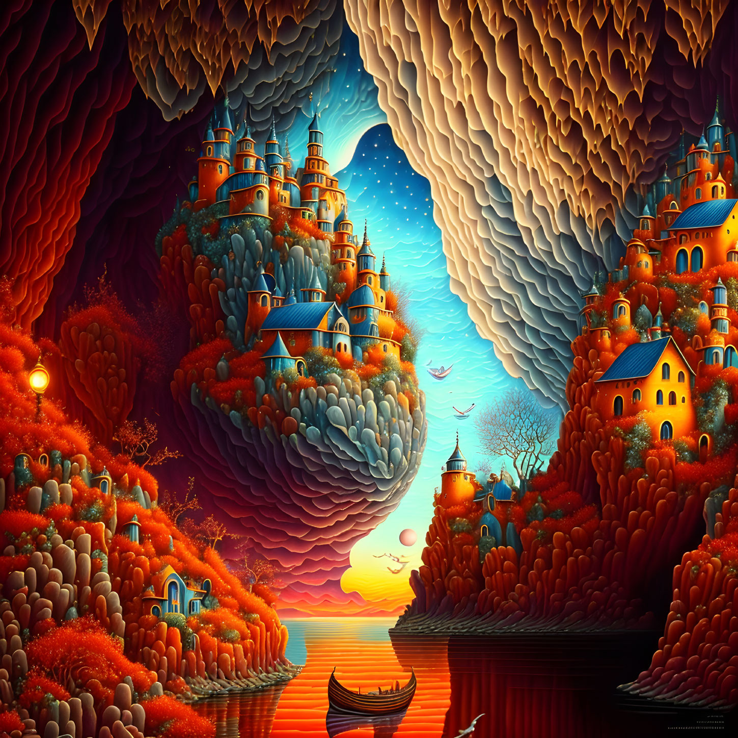 Surreal terraced orange cliffs and castles by a tranquil river