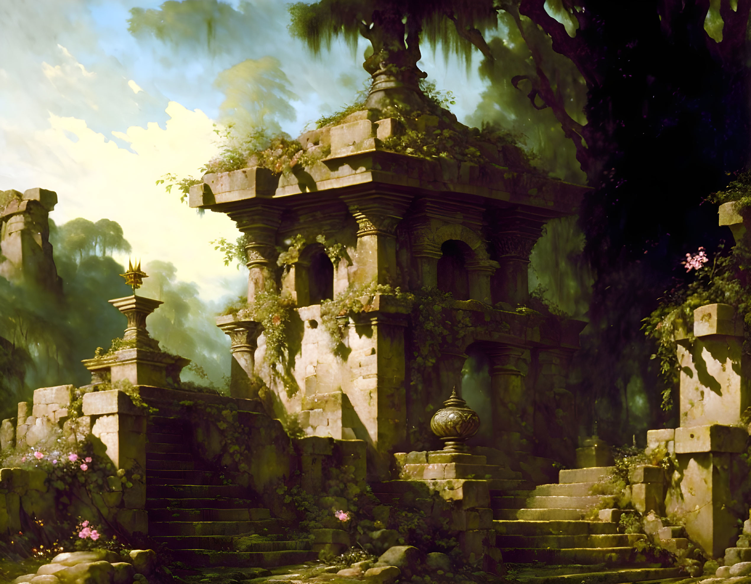 Ancient overgrown temple in lush forest with stone steps and arches