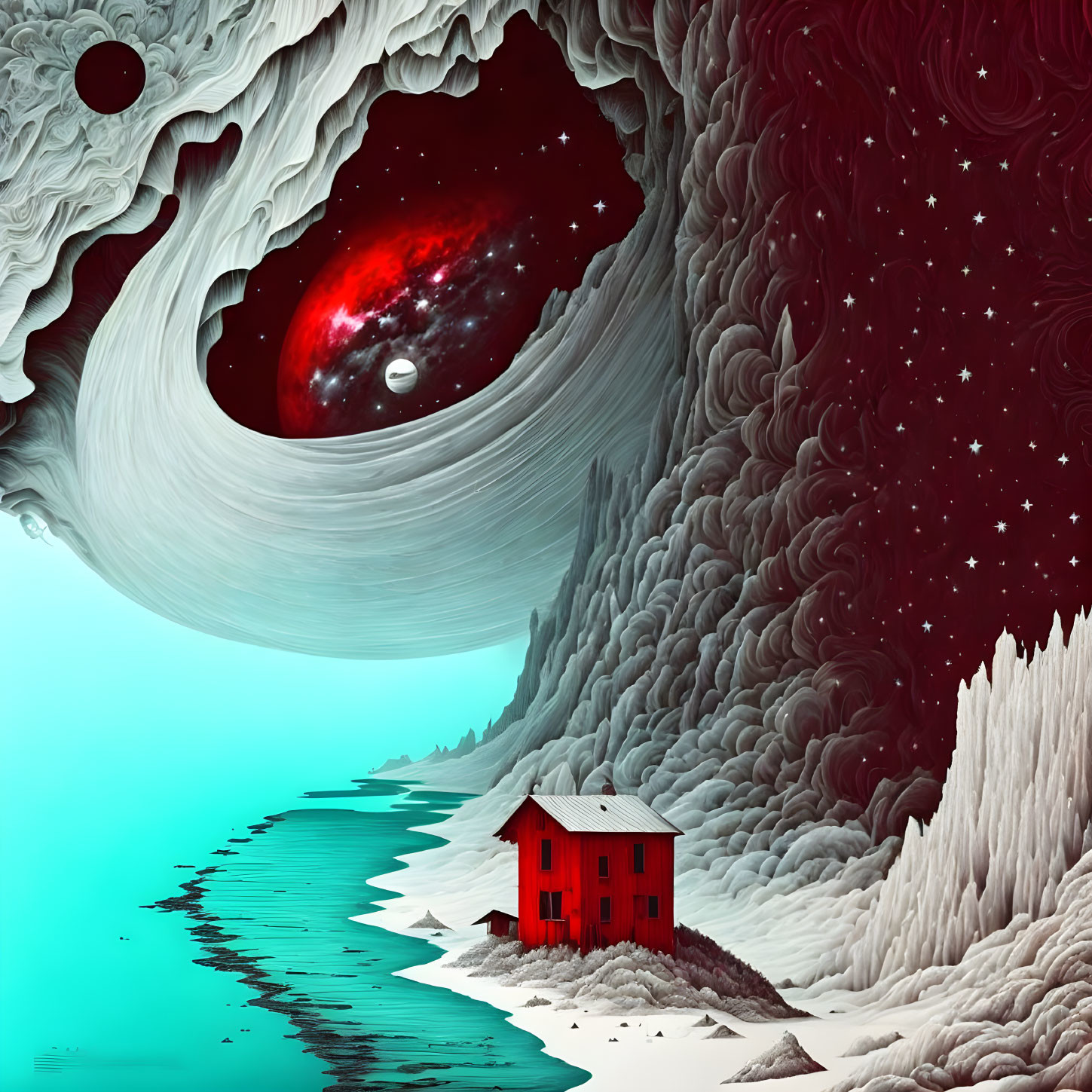 Surreal landscape with red house on shore under celestial vortex