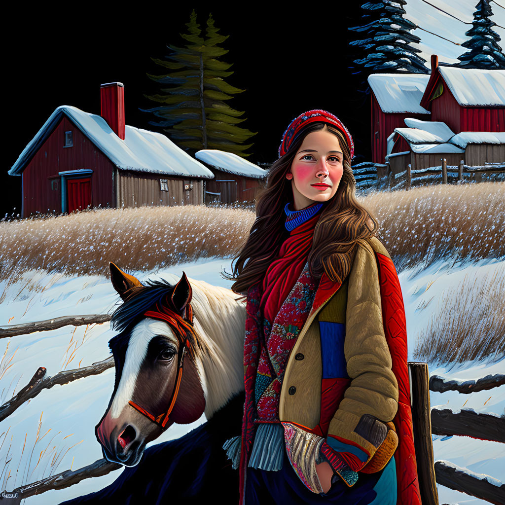 Woman in winter attire with horse by snow-covered fence & red barns