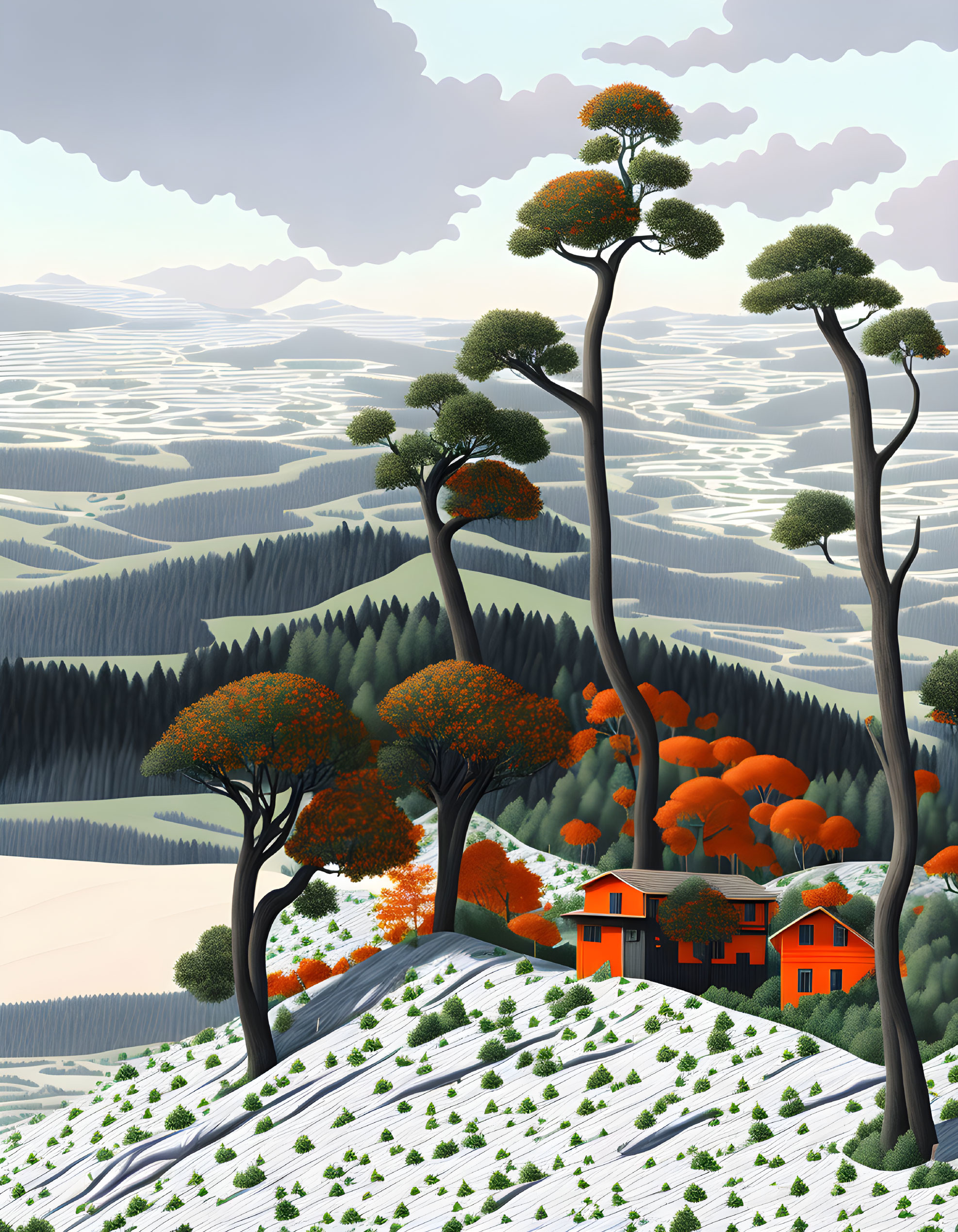 Stylized landscape with unique trees, house, and patterned fields on rolling hills