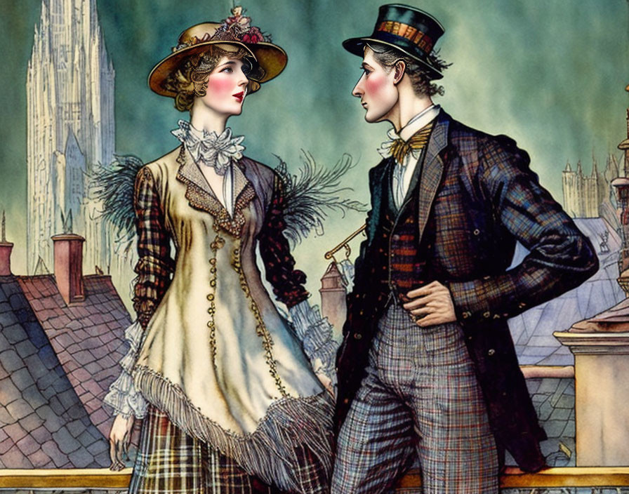 Vintage-dressed man and woman in early 20th-century fashion pose near city buildings