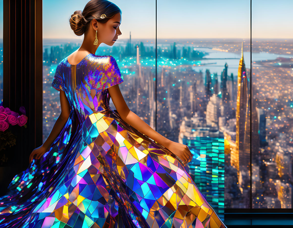 Woman in geometric-patterned dress admires city skyline at dusk