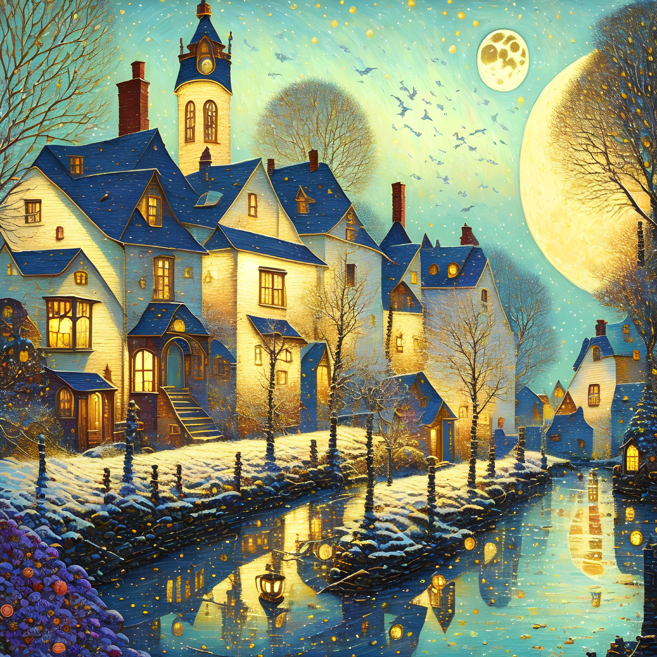 Victorian houses by river under full moon on snowy night