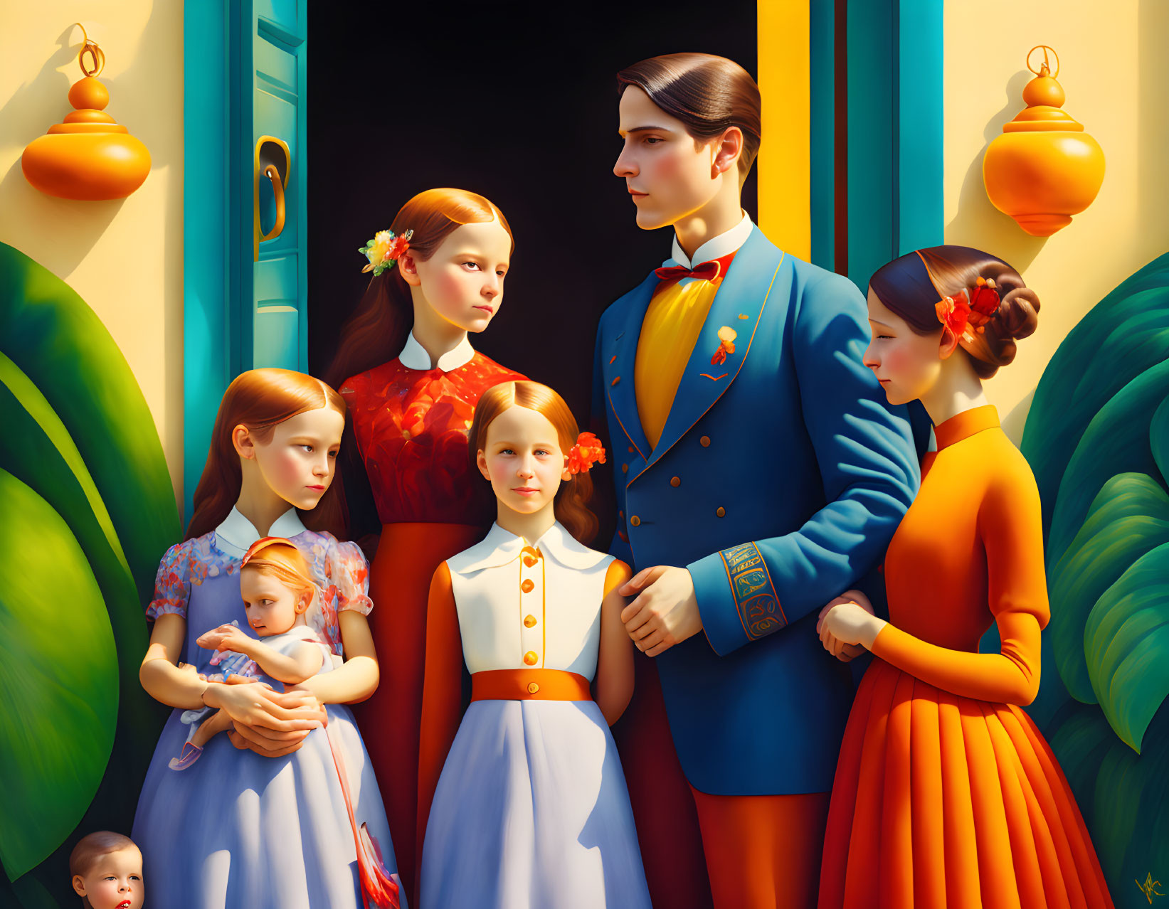 Vibrant family portrait with six members in warm colors and ornamental backdrop