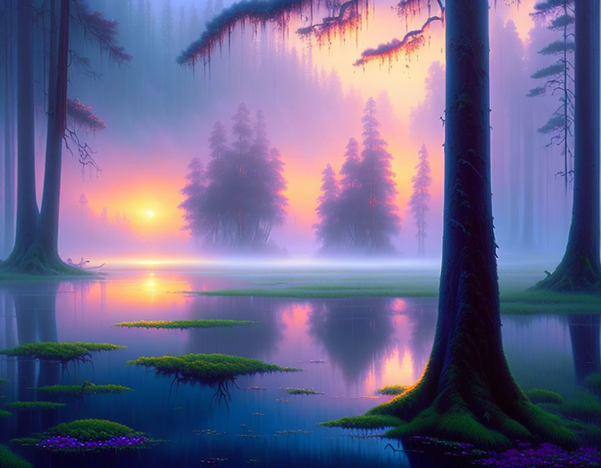 Tranquil forest scene with purple and pink sunrise and calm water