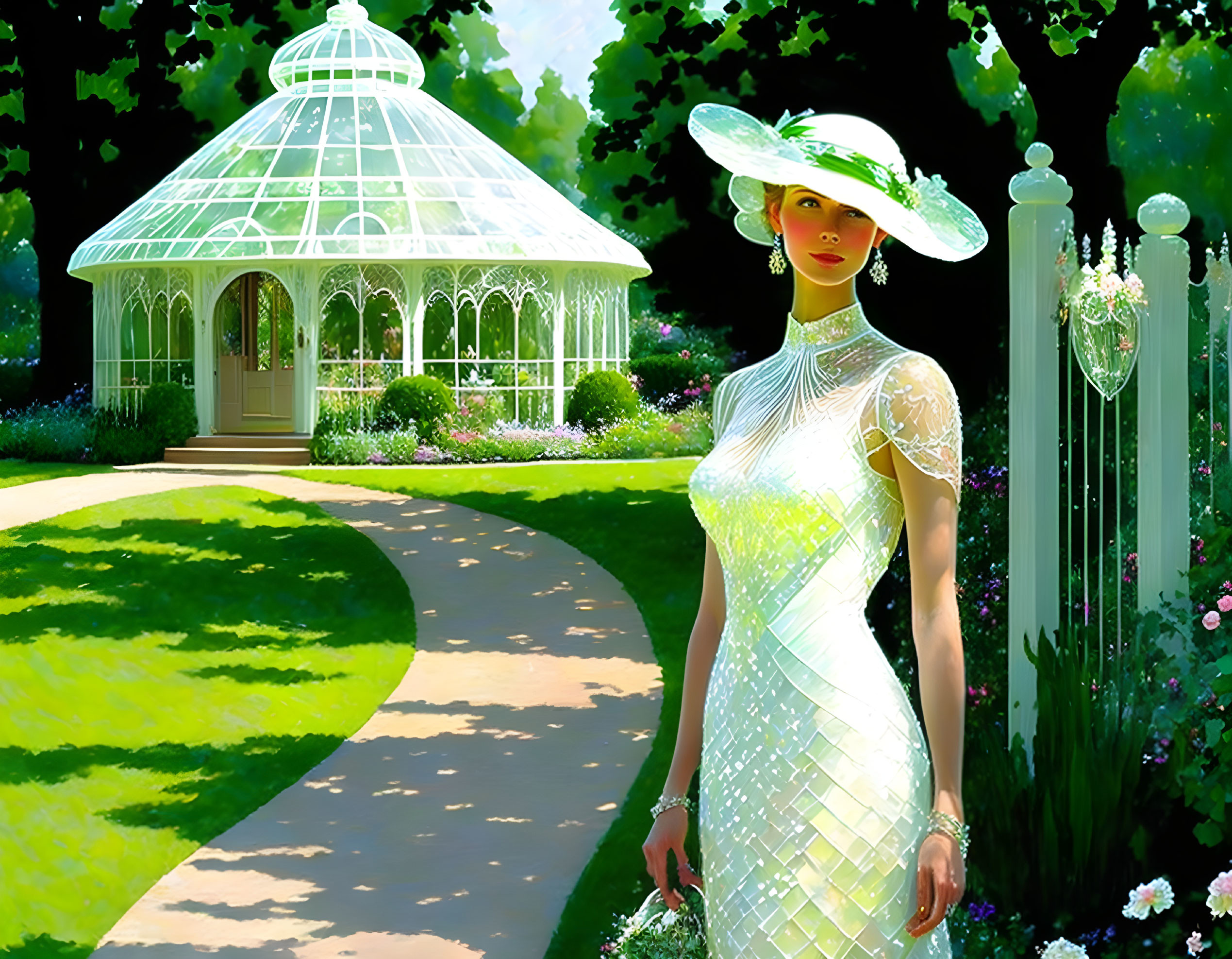 Elegant woman in white dress and hat by gate with gazebo in lush greenery