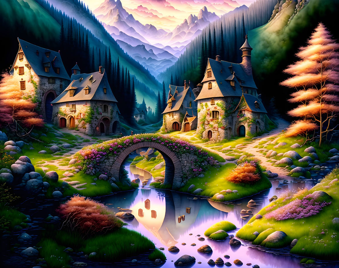 Colorful fantasy landscape with stone bridge, river, cottages, flora, and mountains