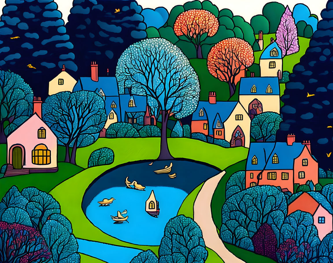 Colorful Village Illustration with Stylized Houses, Trees, Pond, Ducks, and Starry