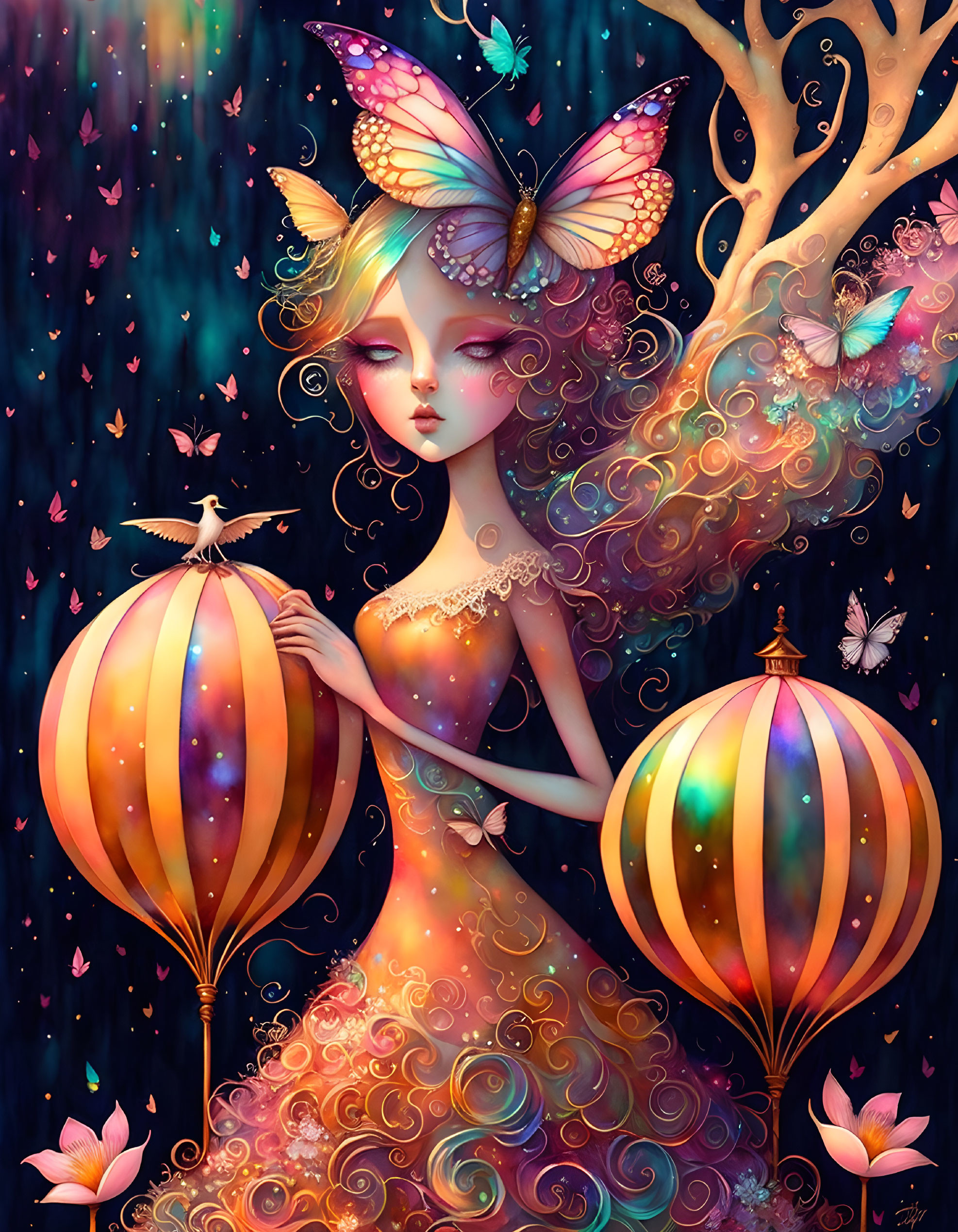 Fantasy Artwork: Female Figure with Butterfly Wings, Lanterns, Bird, and Falling Petals