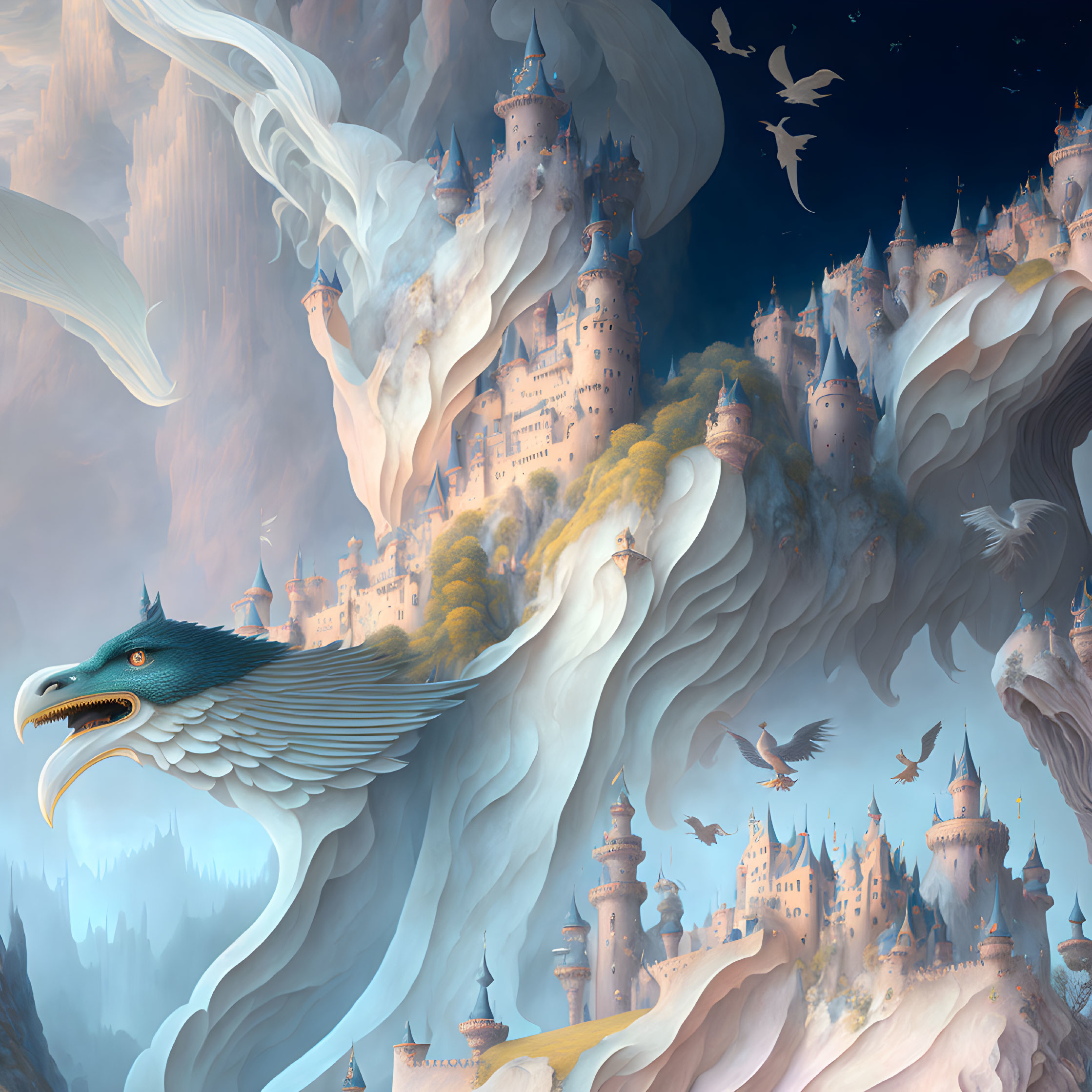 Giant bird in fantasy landscape with soaring castles and flying smaller birds