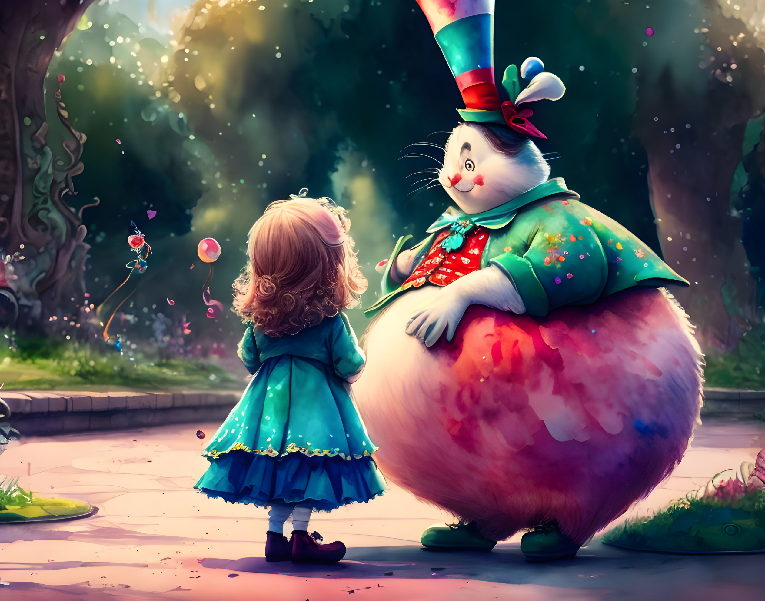 Young girl in blue dress meets anthropomorphic rabbit in colorful attire in enchanted forest