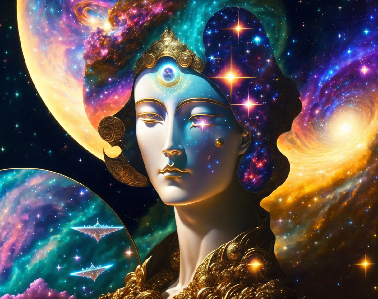 Cosmic-themed digital artwork of serene female figure with intricate headdress against vibrant galaxy backdrop