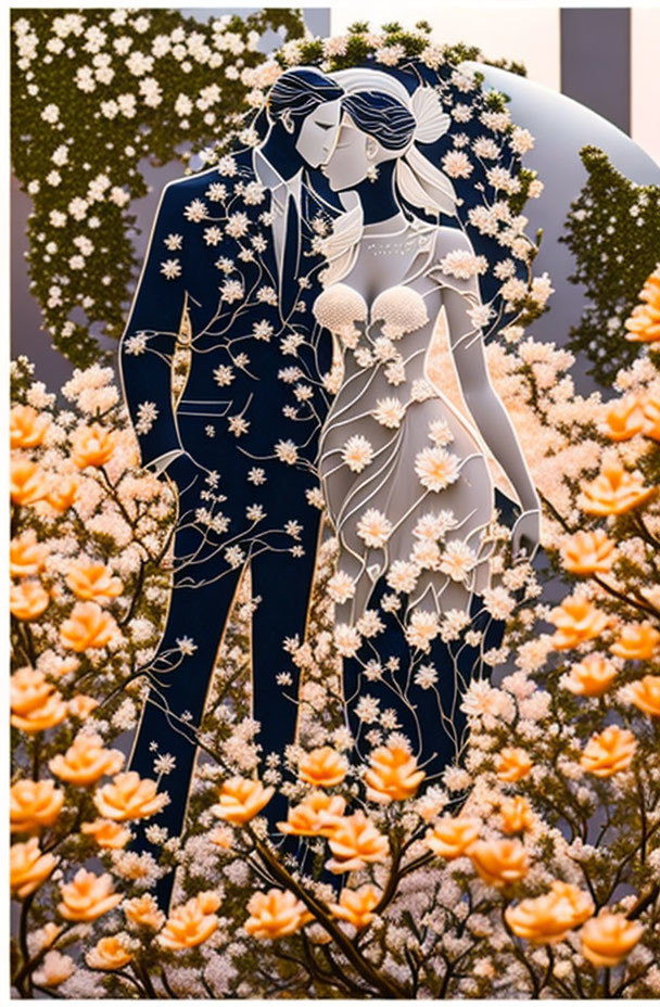 Embracing couple among orange flowers and patterned background