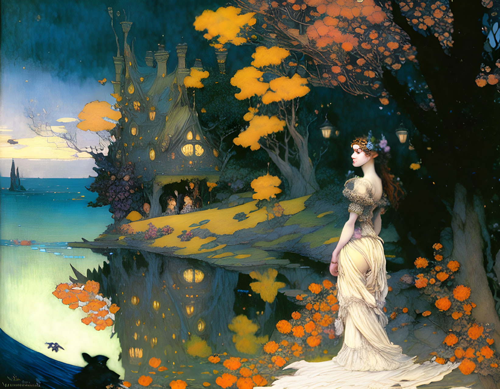 Woman in flowing gown admires castle by lake at twilight