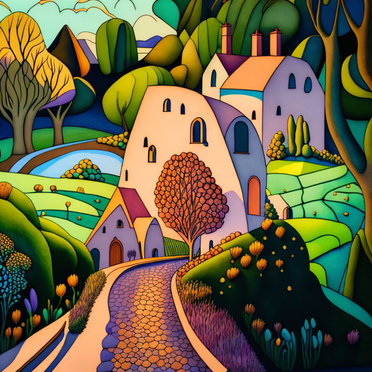 Vibrant artwork: Whimsical houses on rolling hills under blue sky