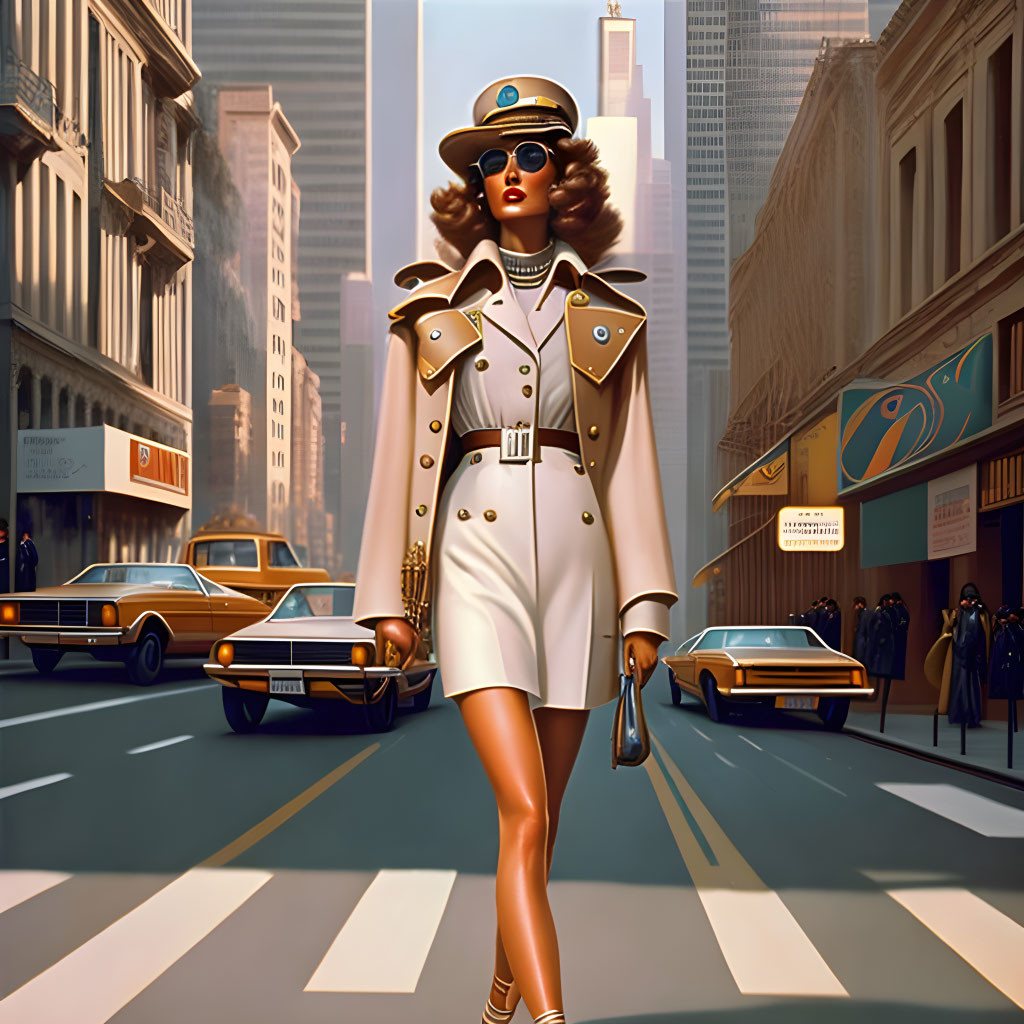 Stylish Woman in White Trench Coat Walking in Retro City Scene