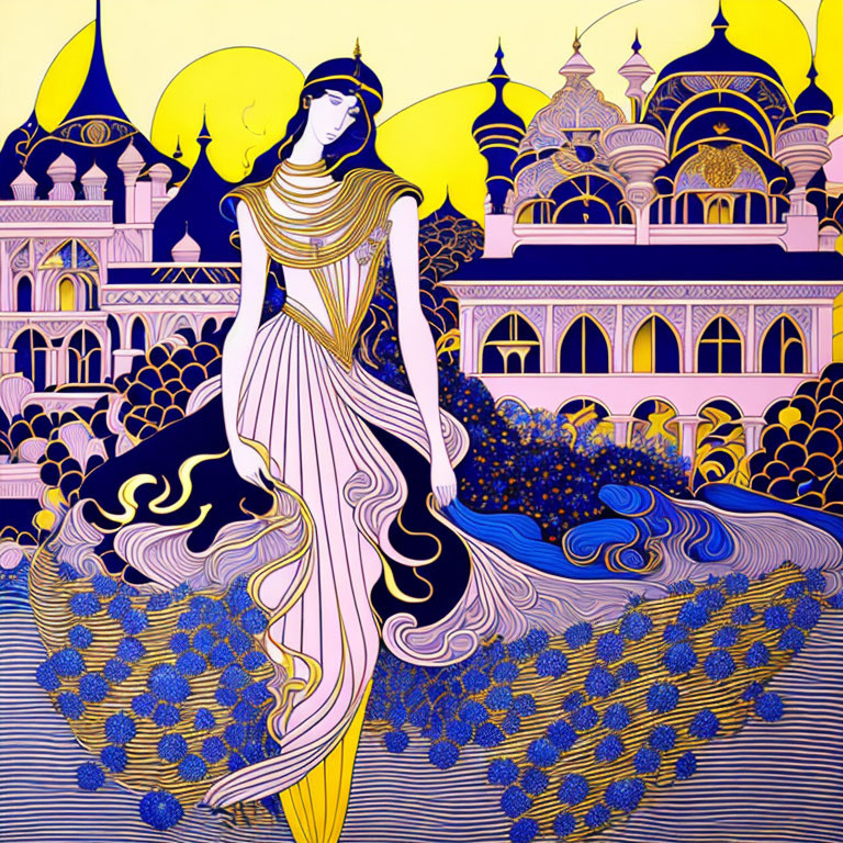 Stylized woman in ornate dress with peacock motifs against Eastern palace backdrop