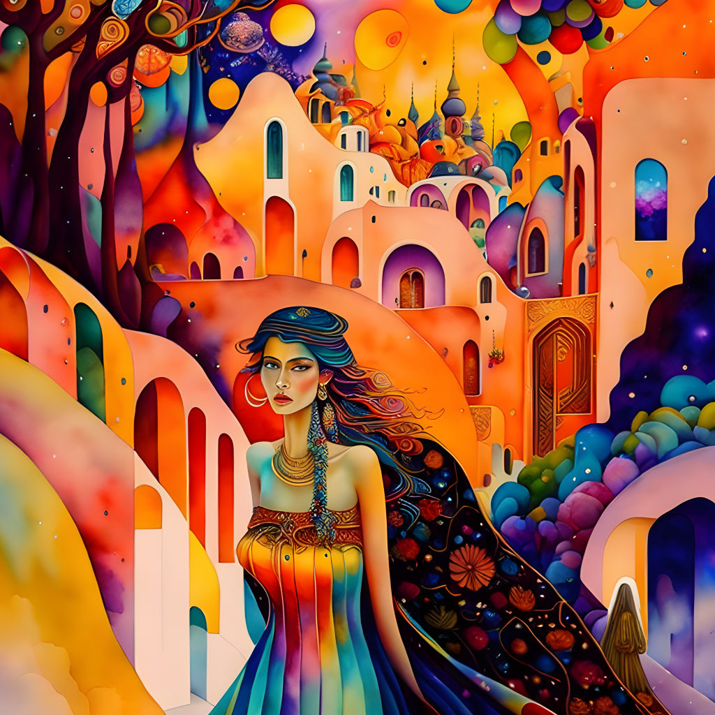 Vibrant illustration: Woman in rainbow dress with whimsical cityscape