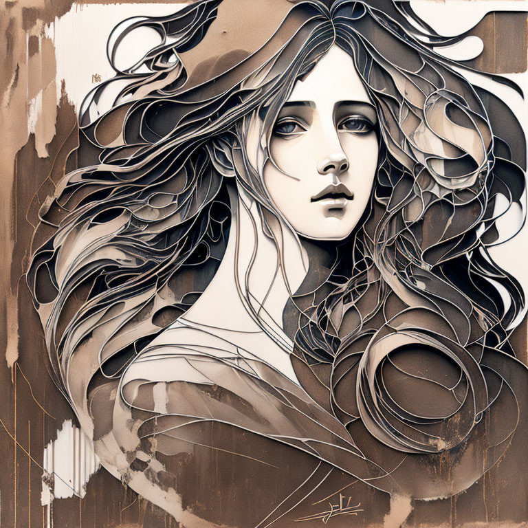 Detailed artistic illustration of a woman with flowing brown and white hair and dreamy expression