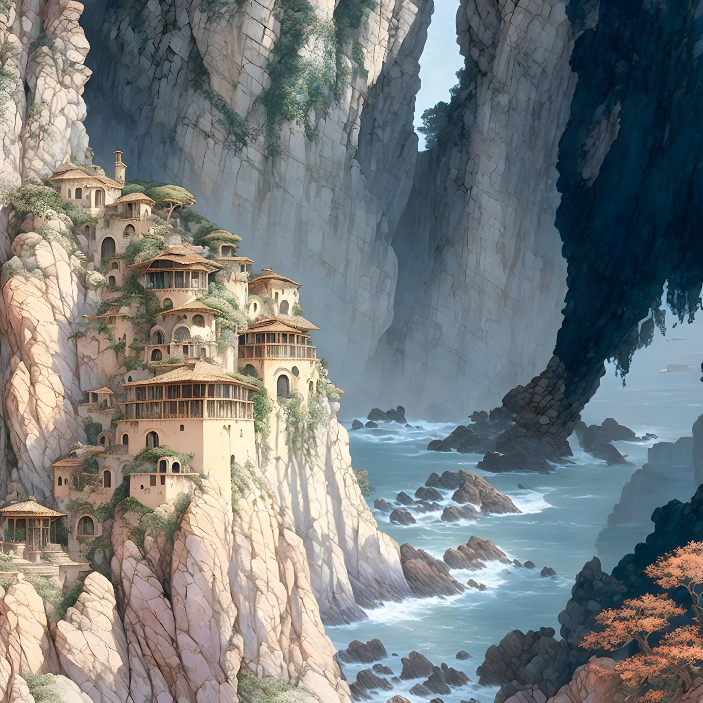 Digital artwork of cliffside ancient village by rough sea