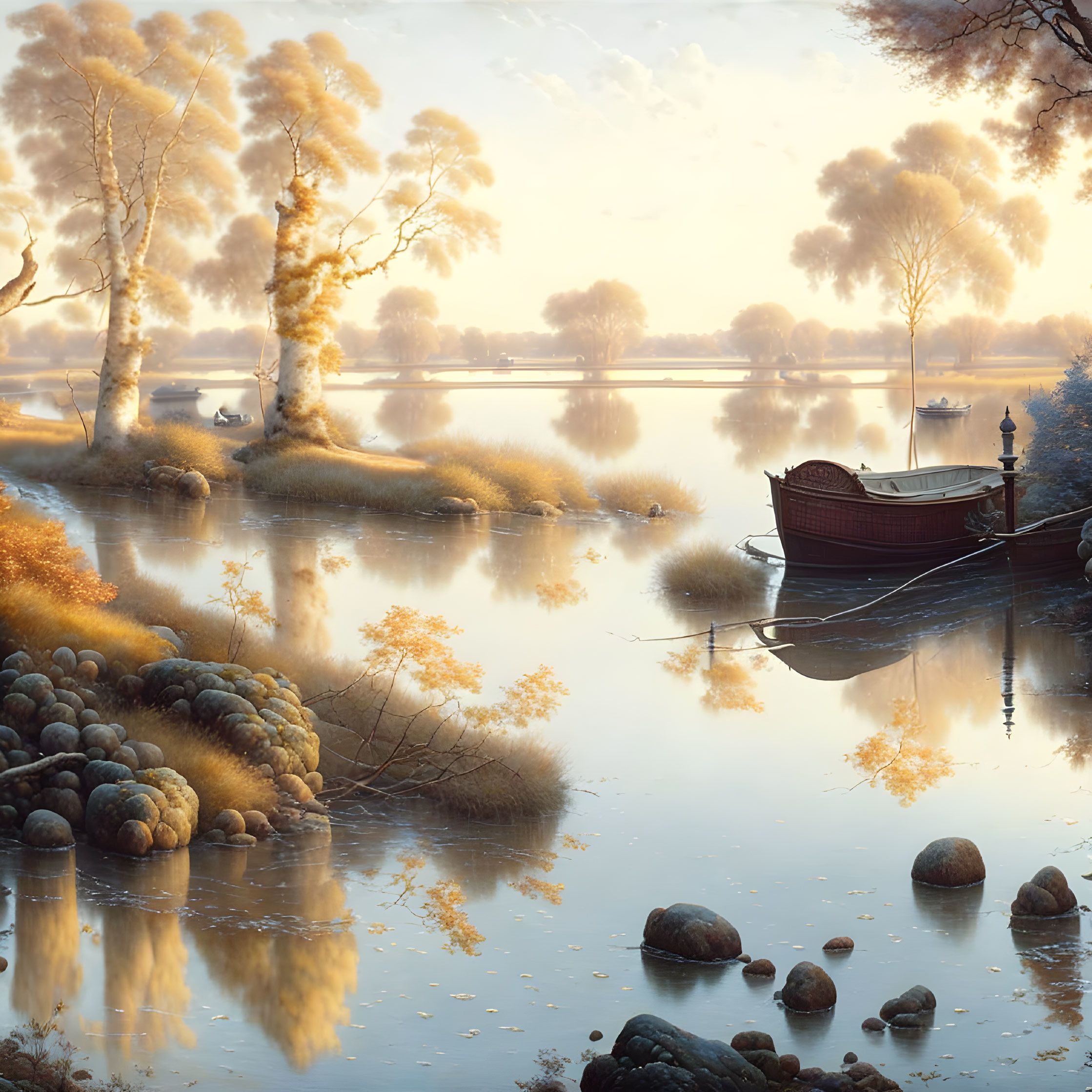 Autumn lake scene with boat, golden trees, and rocky banks