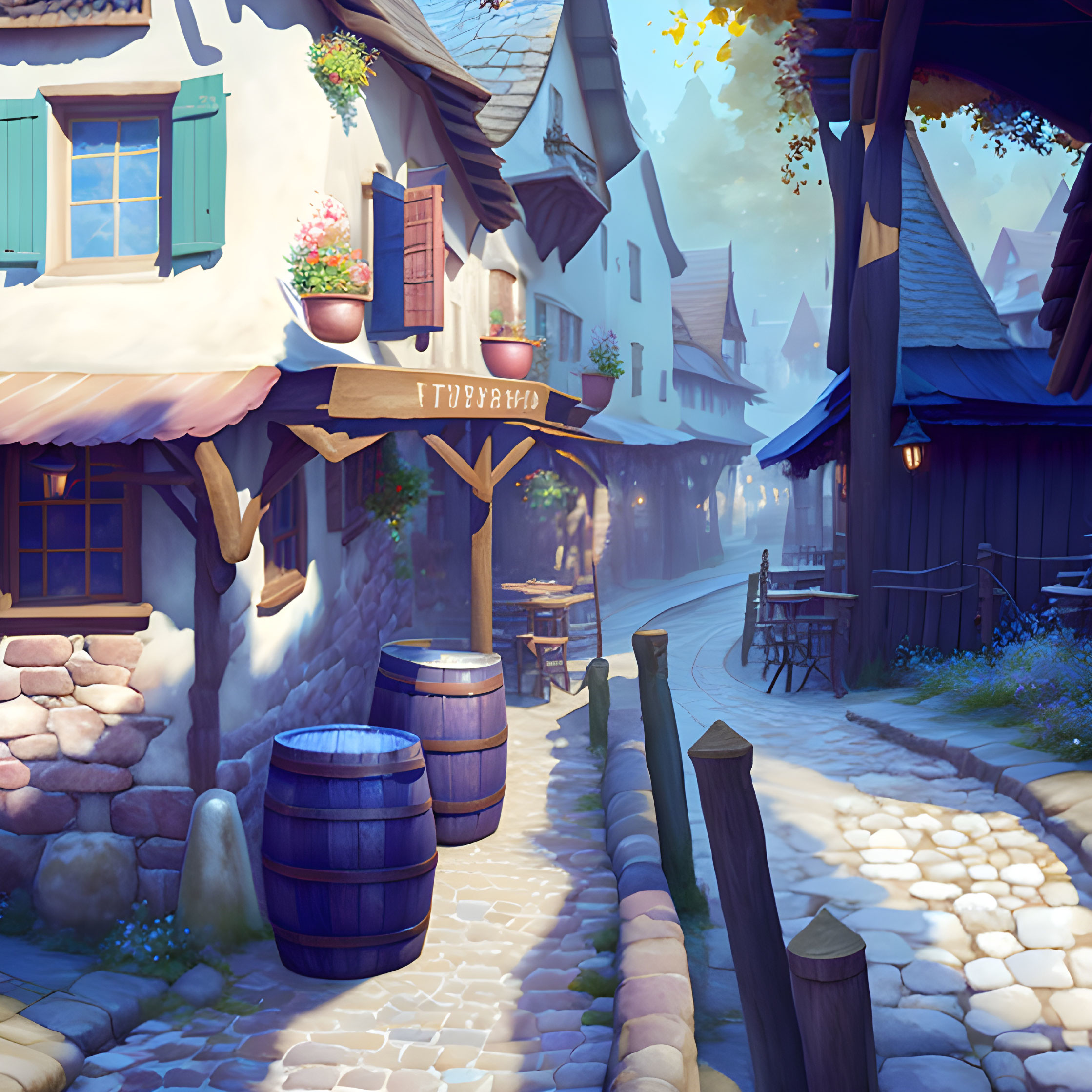 Picturesque village street with old-fashioned houses, barrels, and tavern sign