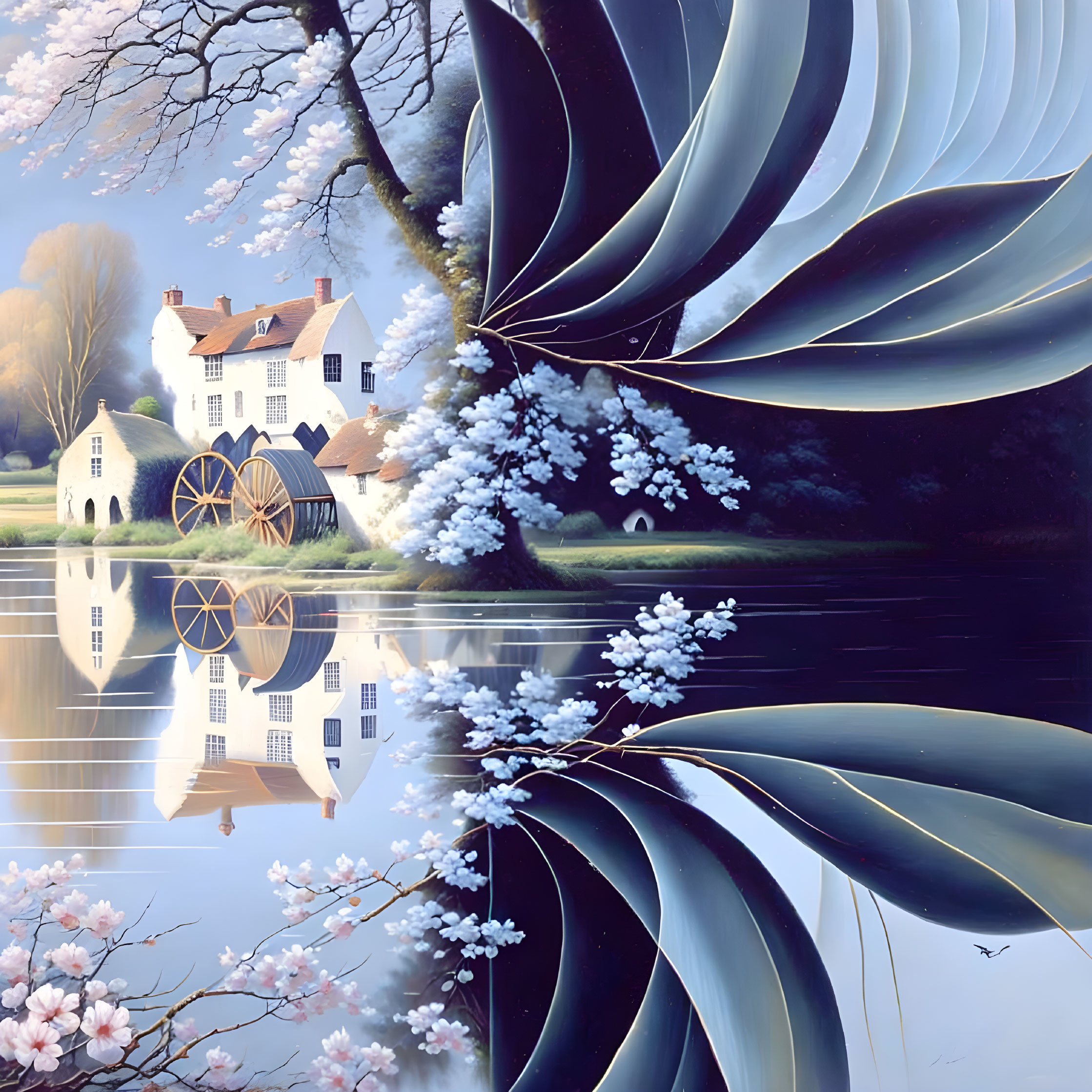 Surreal artwork: pastoral scene with reflective lake, giant leaves spiral, blossoming tree