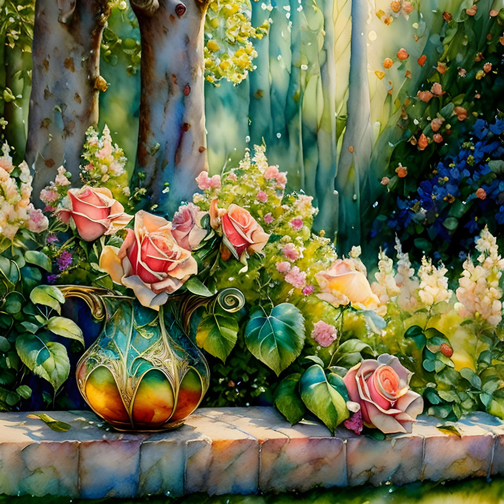 Colorful painting of ceramic vase with roses in garden