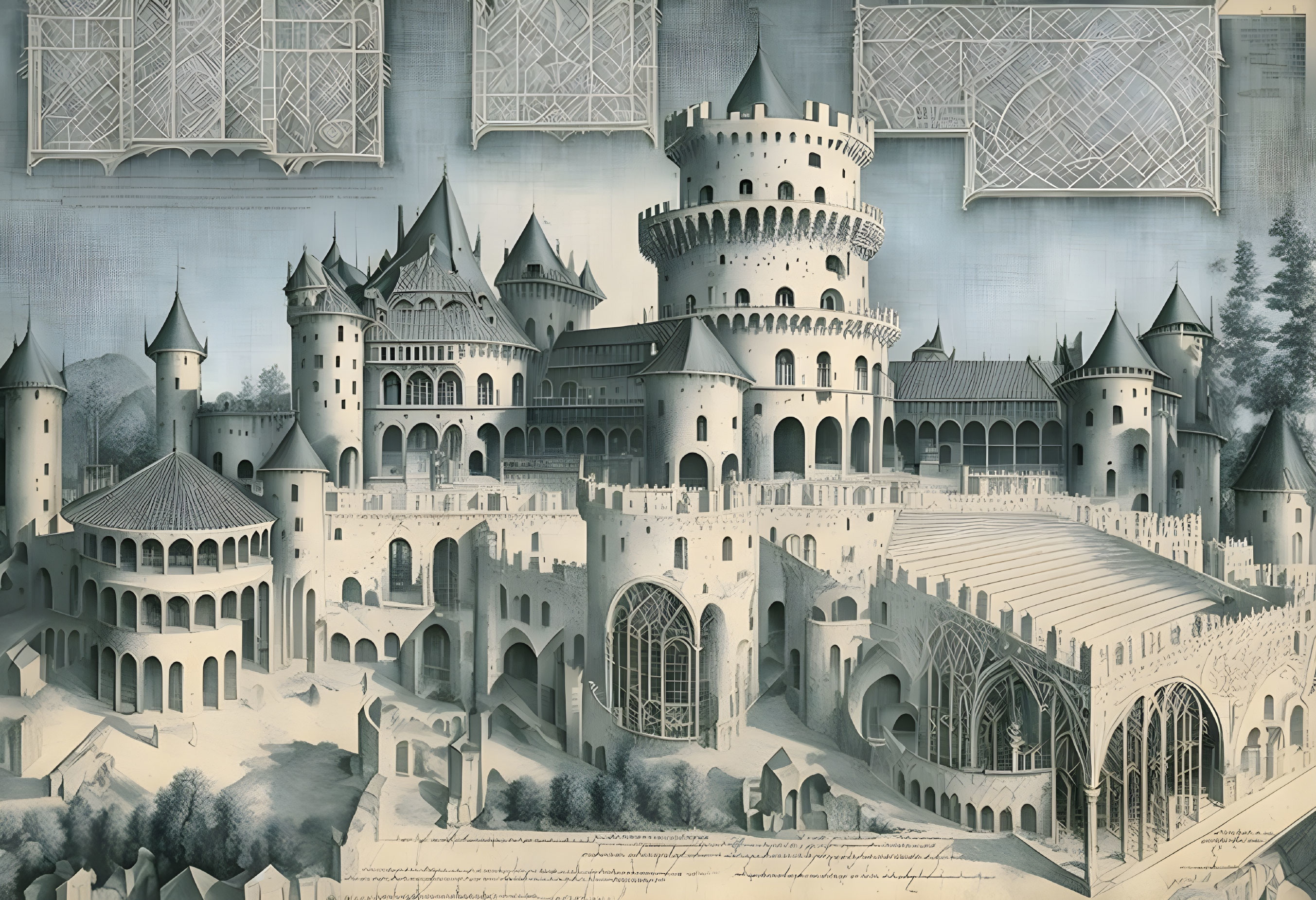 Detailed Medieval Castle Complex Architectural Drawing with Towers & Blueprints