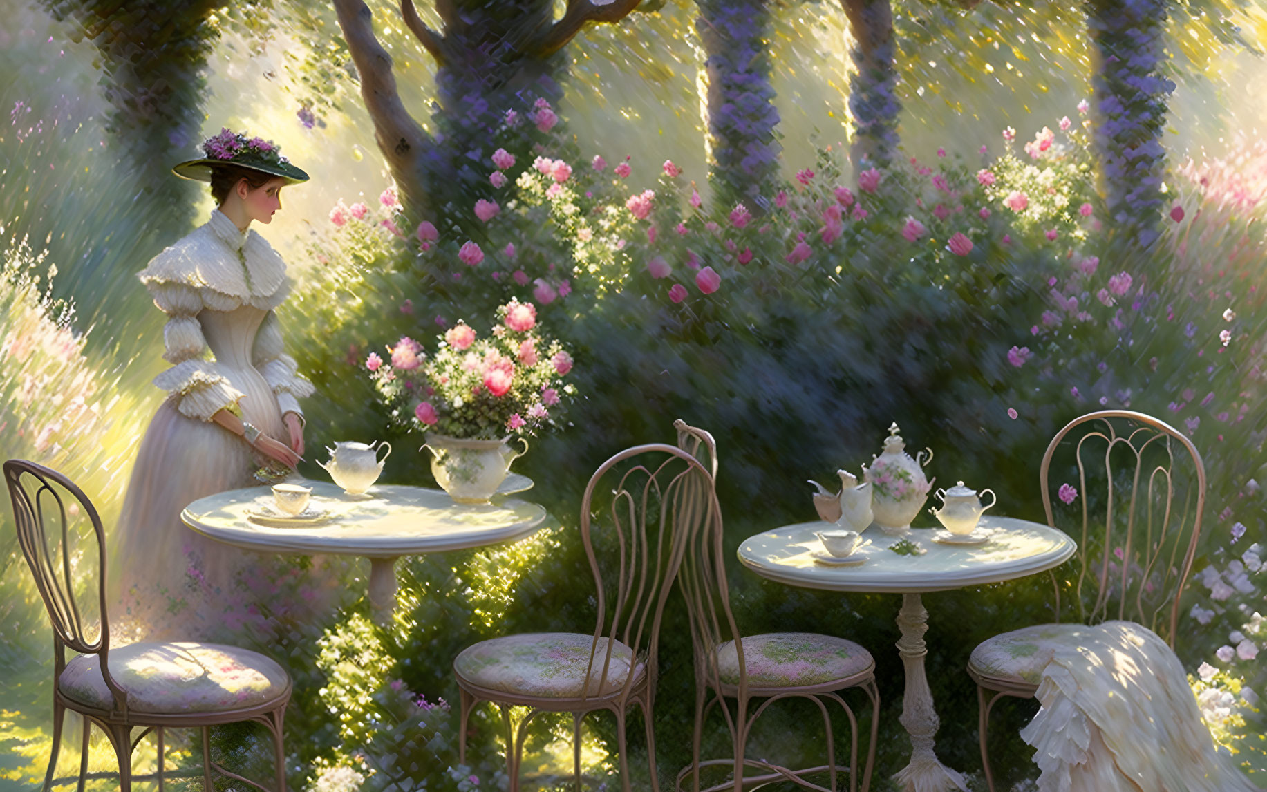 Vintage Attired Woman at Tea Table in Sunlit Garden with Blooming Flowers