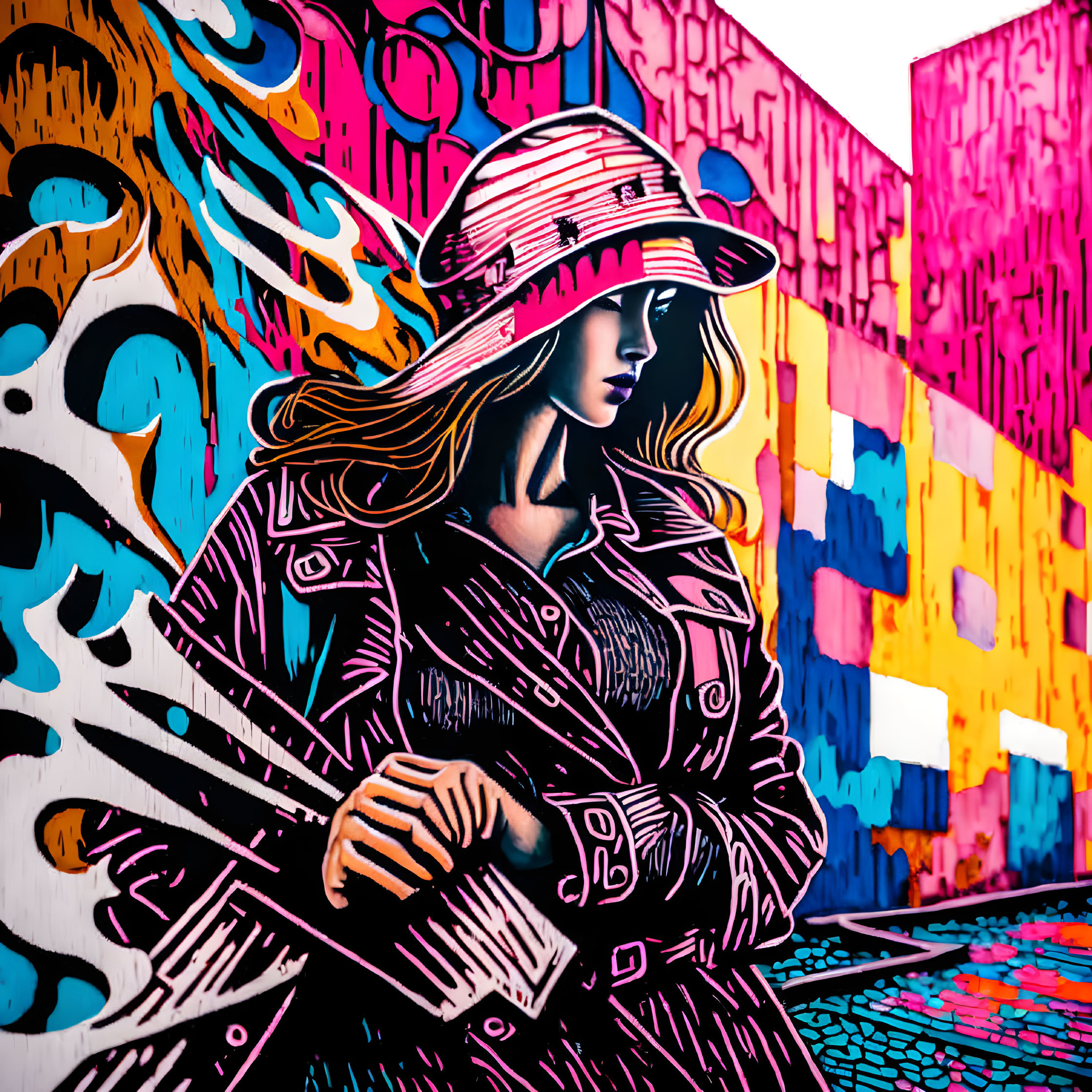 Colorful street art mural featuring stylized woman in trench coat and hat