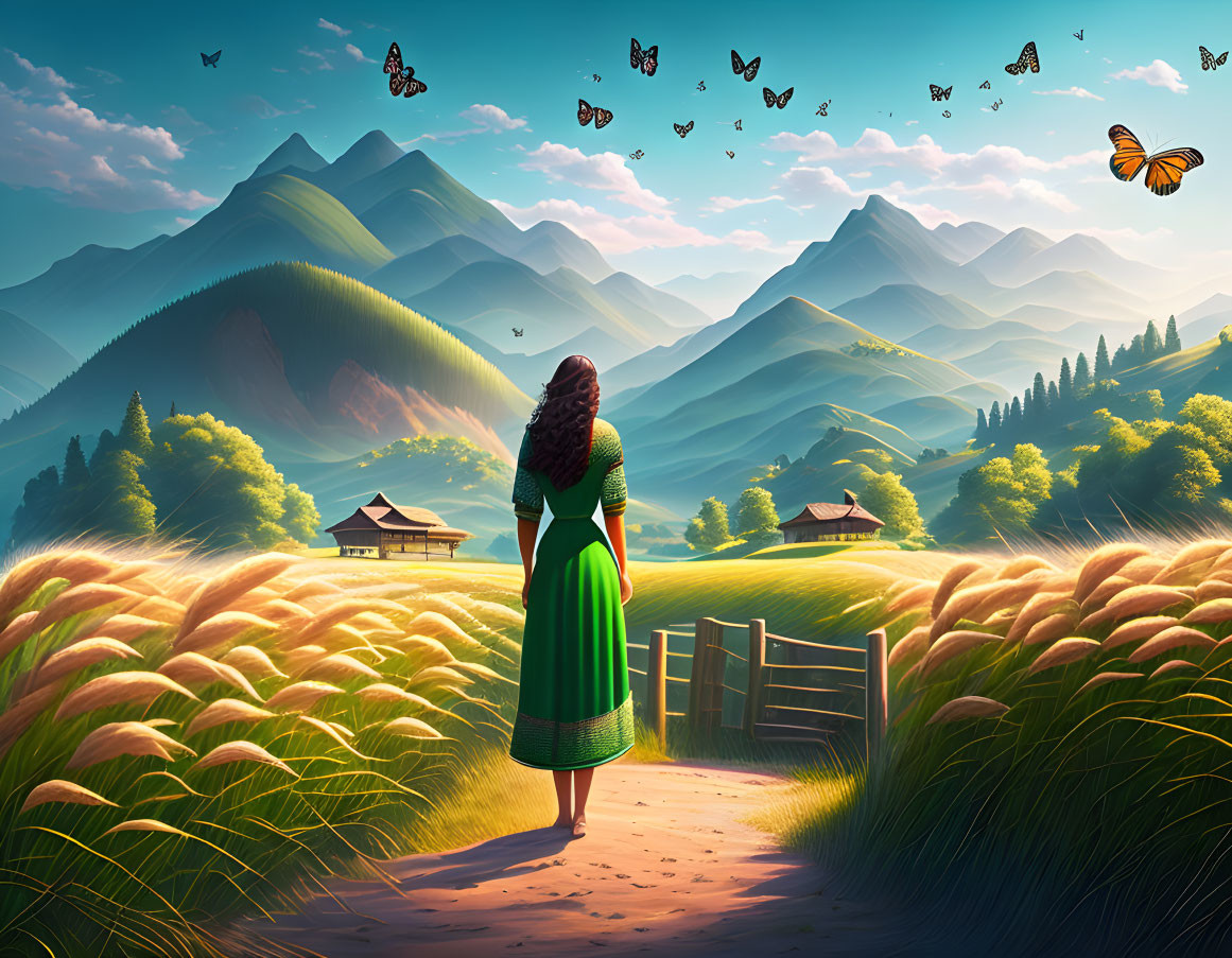 Woman in green dress at fence gate overlooking vibrant valley with wheat fields, huts, mountains, butterflies