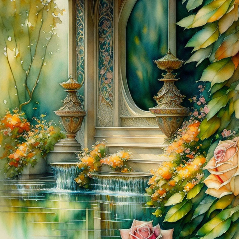 Vibrant flower garden scene with water reflections in vivid watercolor