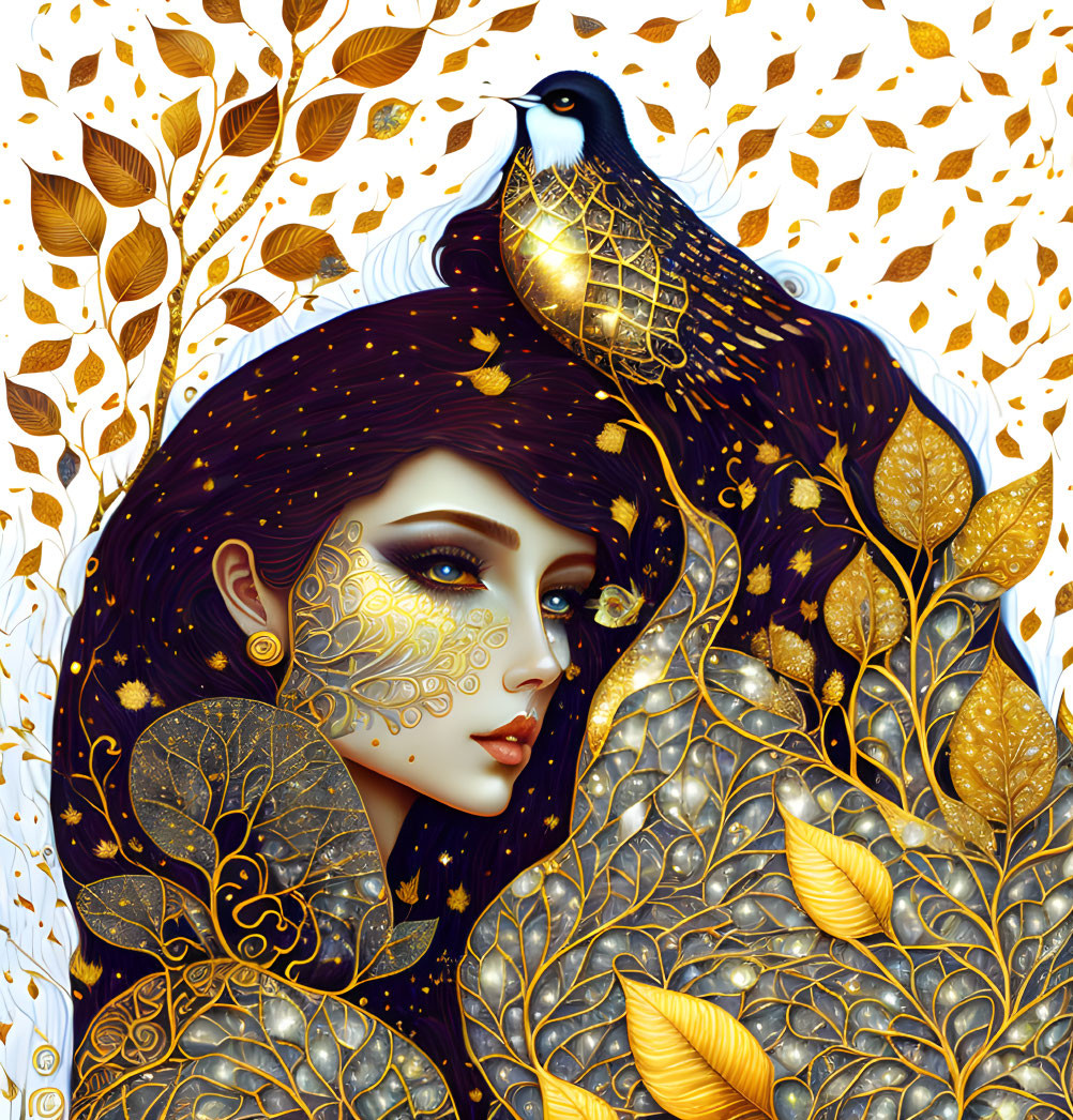 Illustrated woman with purple hair and golden leaves next to peacock with gold plumage.