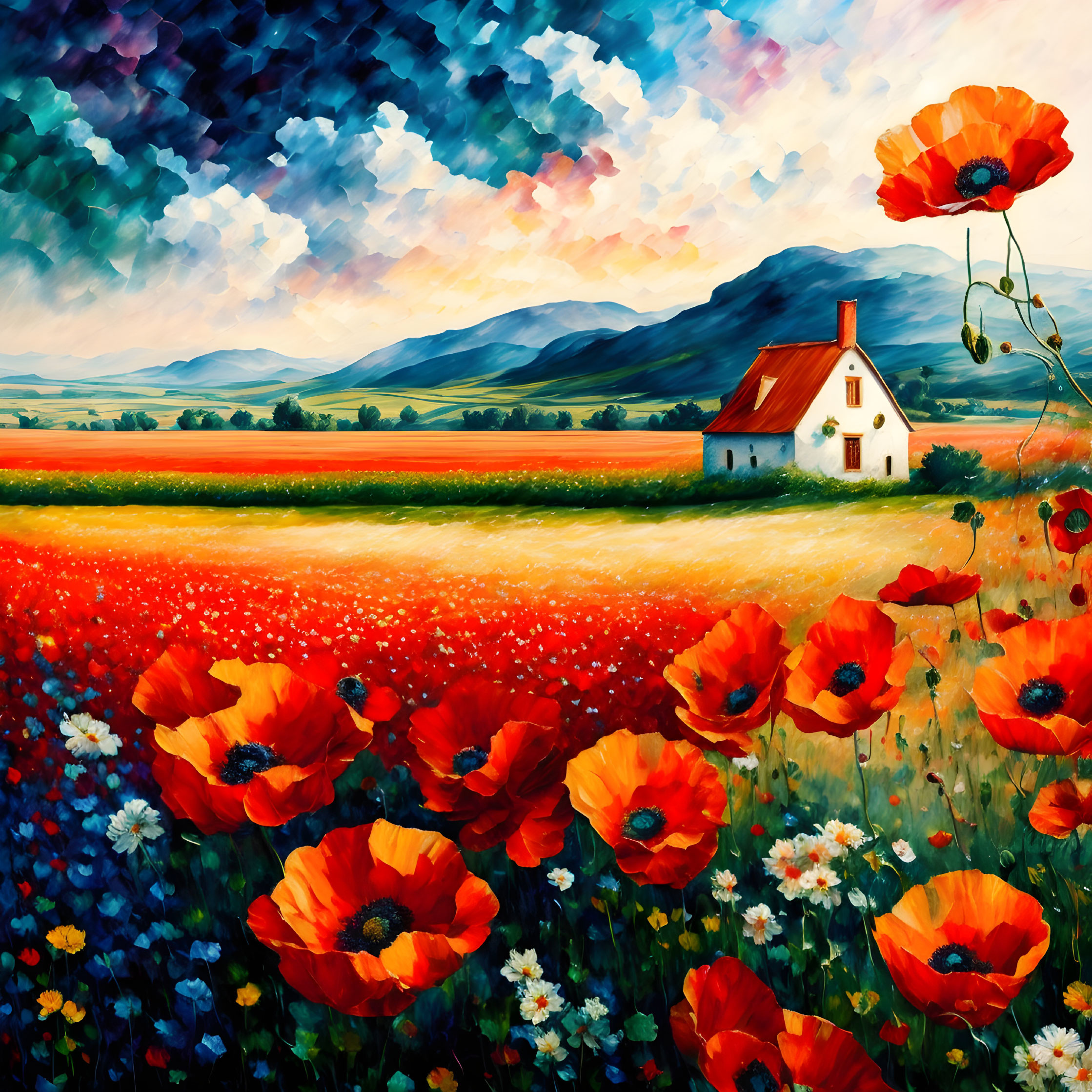 Colorful landscape painting of a house in a poppy field with mountains and vibrant sky