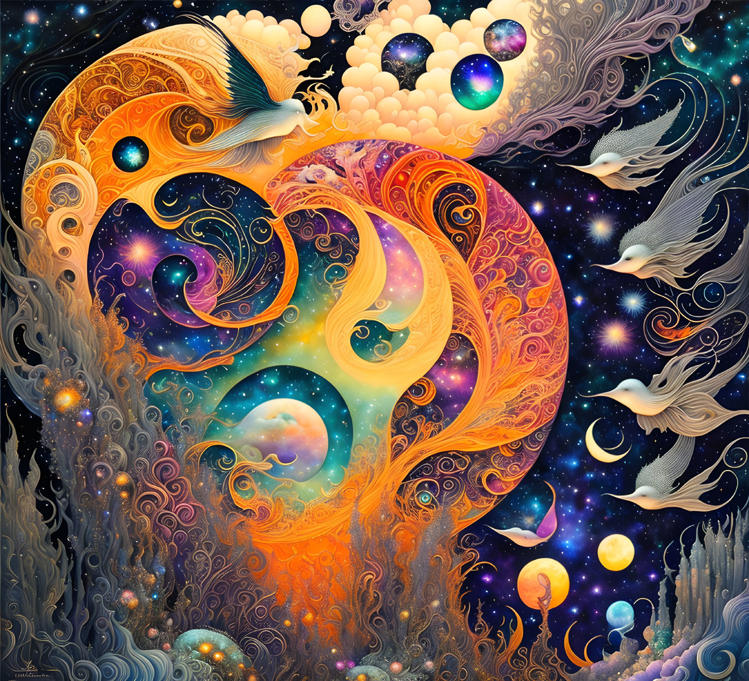 Colorful cosmic artwork with swirling patterns in orange and blue hues, celestial bodies, birds, and intricate