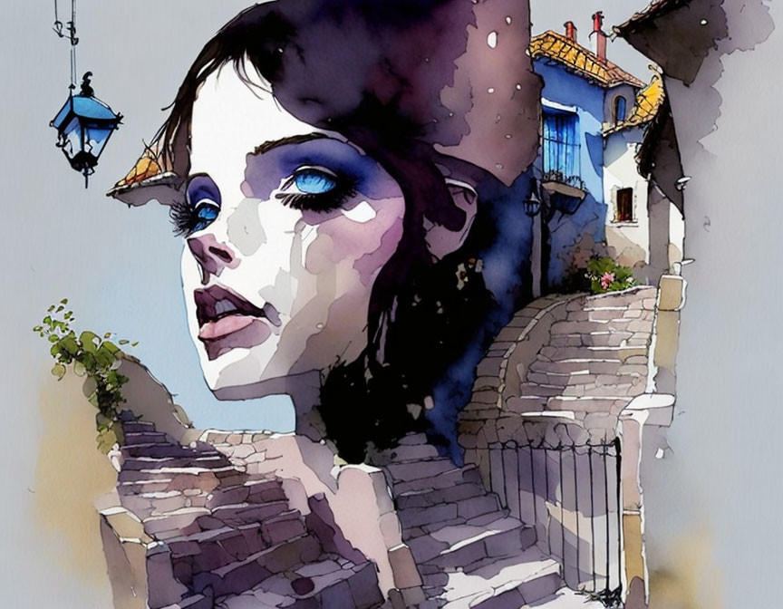 Watercolor painting blending woman's portrait with street scene in vibrant blues and earth tones, including picturesque lamp