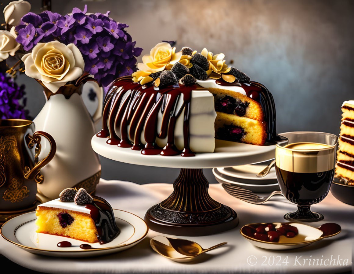 Decadent Blueberry Cake with Chocolate Glaze and Elegant Table Setting