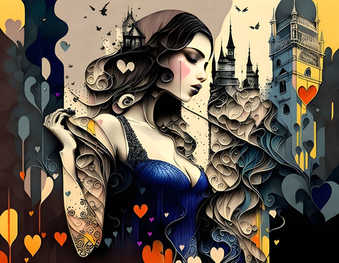 Detailed illustration of woman with flowing hair in whimsical setting