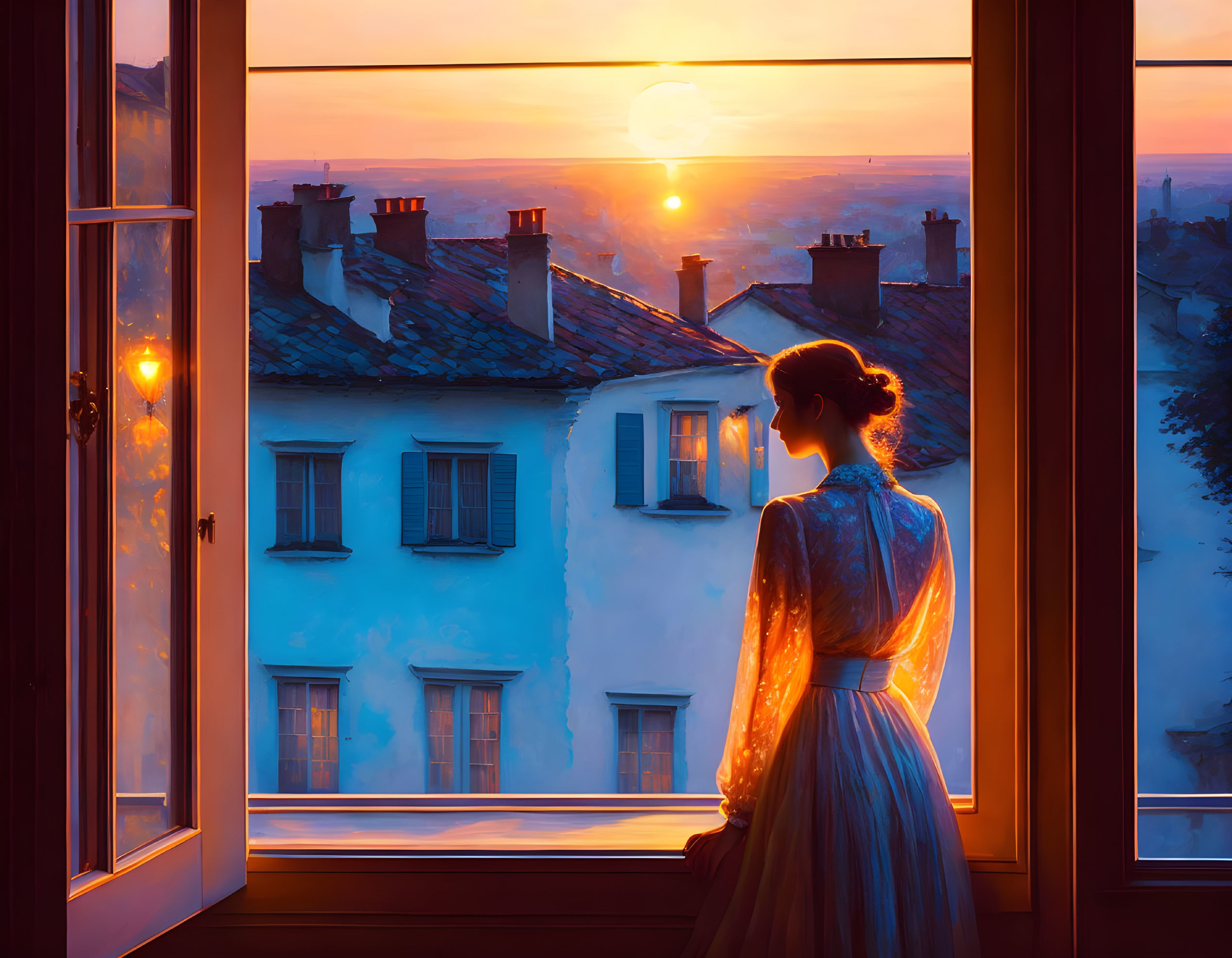 Woman in dress gazes at sunset over quaint town from open window